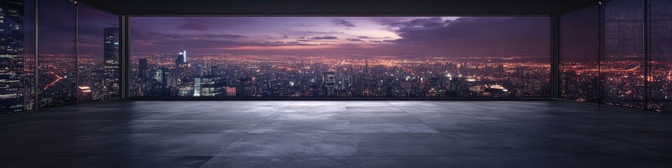 A spacious room with a large window showcasing a city skyline at dusk.