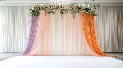 A white and orange curtain with a purple curtain in the middle