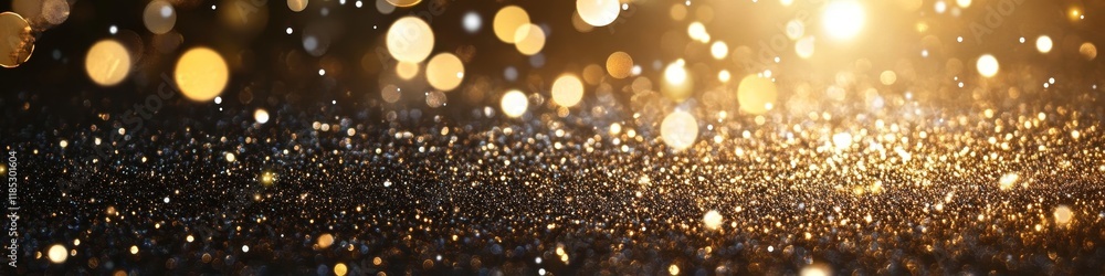 Poster a shimmering background of golden bokeh lights on a dark surface, creating a festive atmosphere.