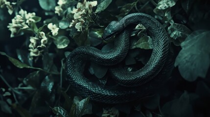 Fototapeta premium Dark Green Snake Coiled in Lush Foliage - Mystical Nature