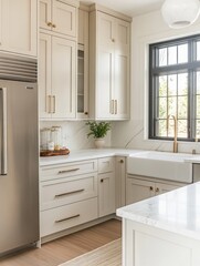 Modern Kitchen Featuring Beige Cabinets and Marble Countertops