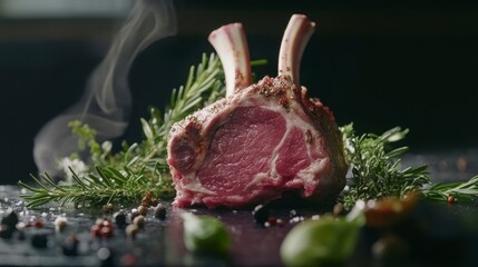Smoked Lamb Chops with Herbs and Spices on Dark Surface