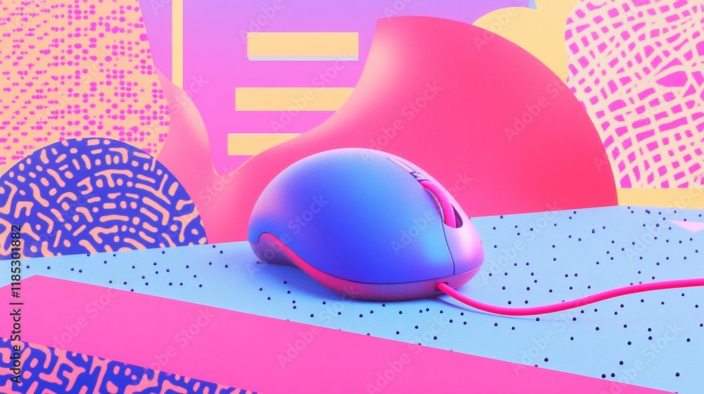 Poster retro-futuristic computer mouse on vibrant abstract background