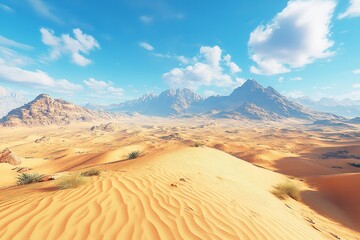 Naklejka premium Vast Desert Landscape with Towering Sand Dunes under Blue Sky, Epic Adventure Scene and Cinematic Horizon
