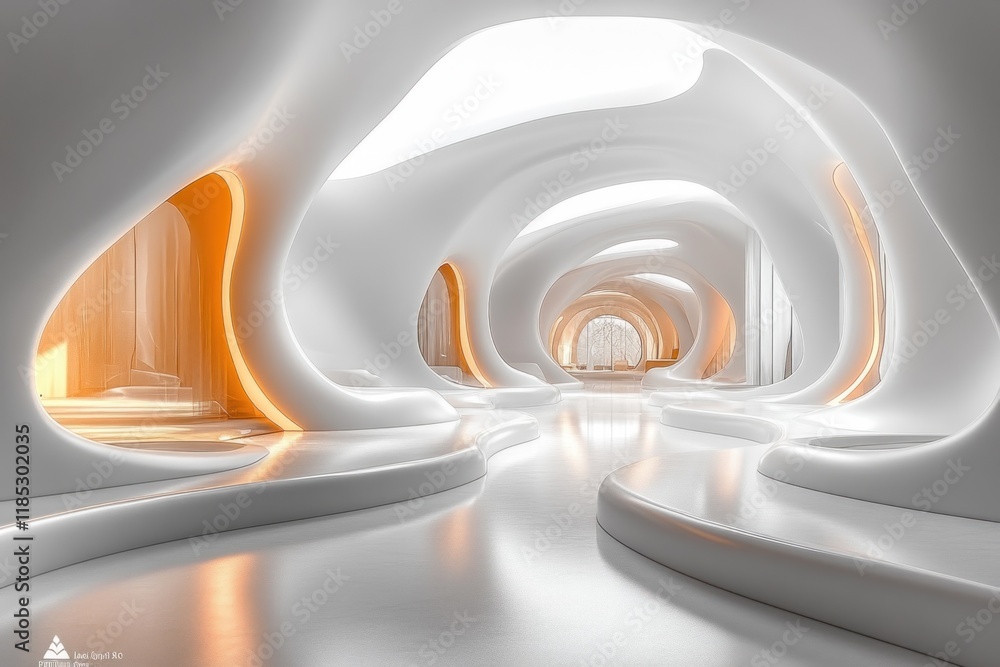 Aufkleber futuristic white minimalist architecture building design with smooth curves and bright illumination