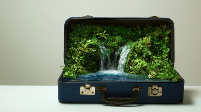 A vintage suitcase opens to reveal a lush mini-waterfall and greenery, blending travel with nature in a whimsical scene.