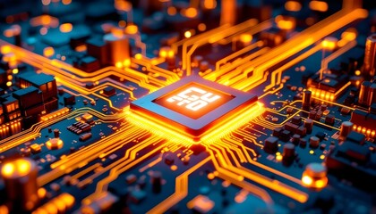 Fototapeta na wymiar Glowing CPU on Circuit Board: A Close-Up of Modern Technology