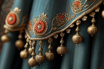 Fototapeta premium Vibrant Indian Festive Curtain Design with Flowers and Decorations for Weddings and Celebrations