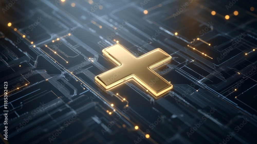 Aufkleber golden cross symbol on a futuristic digital background with glowing lights and circuit patterns repr