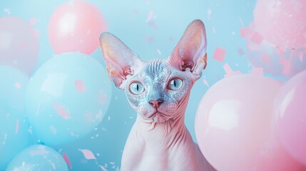 Fototapeta premium Sphynx Cat in Pastel Balloons, Glitter, Festive Celebration