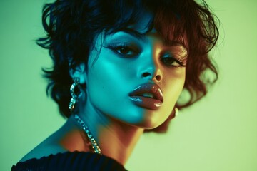 Fototapeta premium Short hairdo - highlighted hair. Commercial marketing conceptual art. Lovely calm mixed-race girl - for ads, road poster and digital marketing use. Black beauty look. Model short hair fashion.