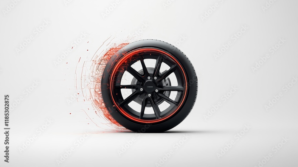 Poster dynamic black car tire spinning with motion blur effects and abstract particles in a minimalistic st