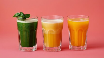 Three Colorful Smoothies on Pink Background - Refreshing Summer Drinks