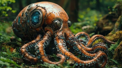 Fototapeta premium Mechanical Octopus in a Mystical Forest
