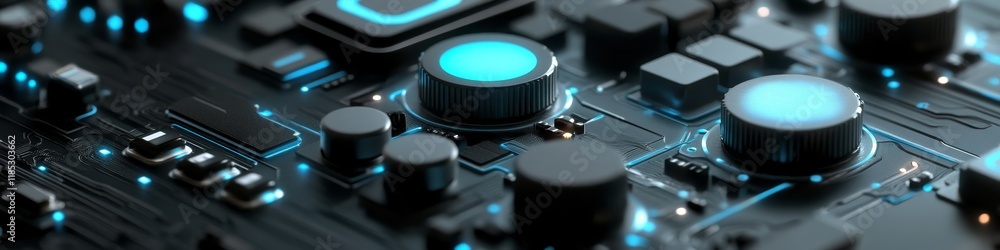 Poster close-up of a circuit board with glowing components, showcasing technology and design.