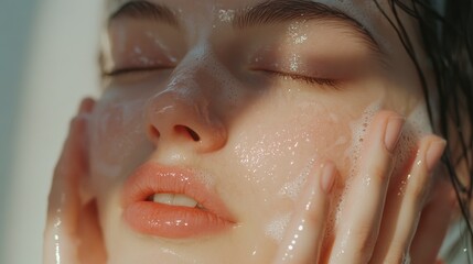 Woman Cleansing Face, Serene Close-up, Soft Light, Skincare Routine