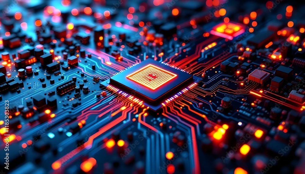 Poster close-up of illuminated microchip circuitry