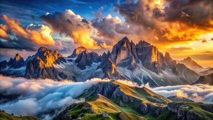 Surreal Mountain Landscape: View from Marmolada Overlooking Sellagruppe and Langkofel with Dreamlike Elements and Vivid Colors