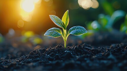 Sunrise Seedling: A New Beginning in Nature's Embrace. Witness the vibrant growth of a young plant as it reaches towards the sun, symbolizing hope, renewal, and the beauty of nature's resilience.