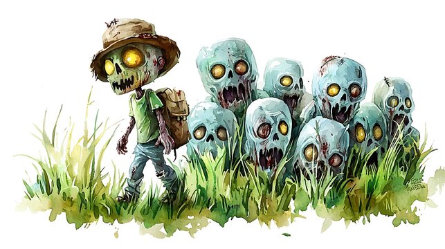 A lone zombie child with a backpack walks past a horde of other zombies in a watercolor illustration.
