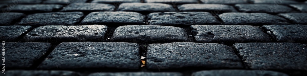 Poster a close-up view of dark cobblestone pavement, highlighting texture and patterns.