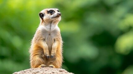 Fototapeta premium A curious meerkat standing upright on a rock, showcasing its inquisitive nature against a blurred green background that highlights its adorable features.