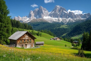 Beautiful Summer Landscape in the Alps with Green Meadows, Colorful Wildflowers, Snow-Capped Mountains in the Background, Panoramic View