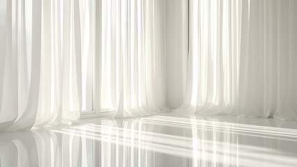 Obraz premium Empty white room with a window and curtains serves as a mockup template for stock photos