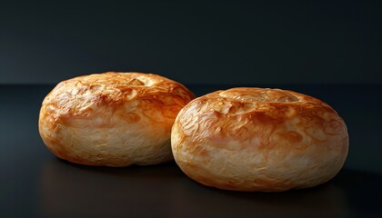 Two golden brown baked bread rolls on a black background.