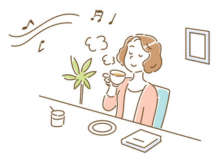 カフェで音楽を聞きながらお茶を飲んでリラックスしている若い女性