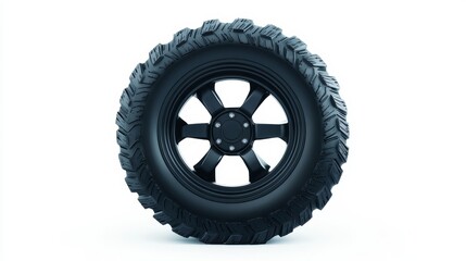 Obraz premium Black Off-Road Tire on White Background with Rugged Tread Design for Automotive and Sports Applications in Stock Photo Collection