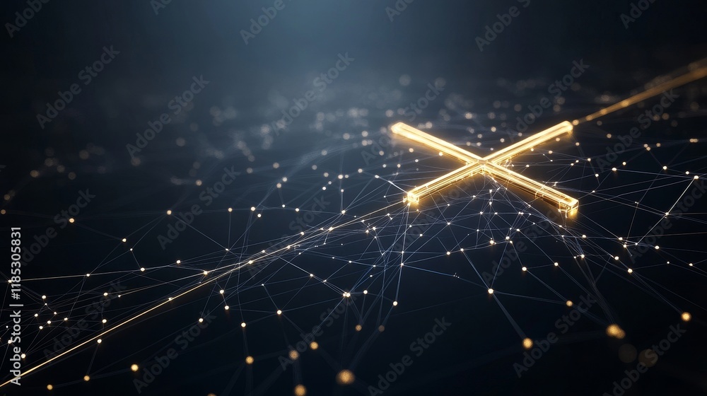 Aufkleber abstract golden cross illuminating a dark digital landscape with connecting lines and glowing dots r