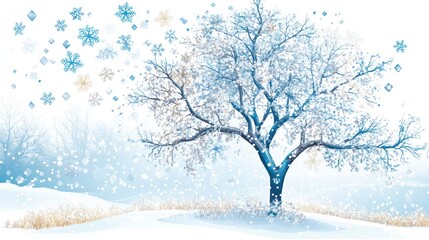 Snowy winter tree, snowflakes falling, frosted landscape, holiday card