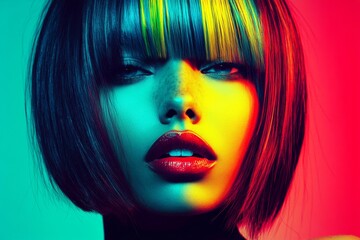 Obraz premium Commercial ad campaign design idea idea. Stunning calm mixed-race girl - for ads, marketing material and social media use. Short haircut - multicolored hair. Portrait of a woman. Glam look.