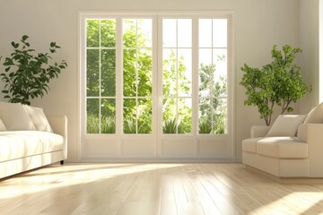 Fototapeta premium Sunlight streams through large windows, illuminating a cozy living room filled with green plants and soft furniture
