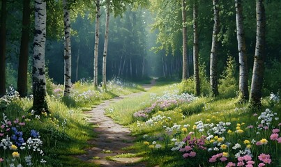 Obraz premium Sunlit path winding through a vibrant birch forest with wildflowers.