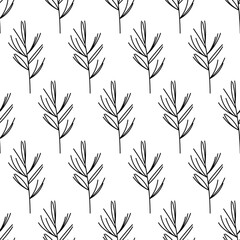 Repeating pattern of hand-drawn leaves on a white background for textile design