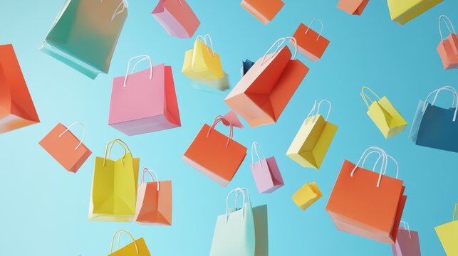 Colorful shopping bags float against a bright blue background creating a cheerful marketplace atmosphere