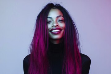 Fototapeta premium Commercial marketing conceptual art concept art. Pretty smiling mixed-race girl - for ads, magazine ad and digital marketing use. Long hairdo - highlighted hair. Long hair fashion styles.