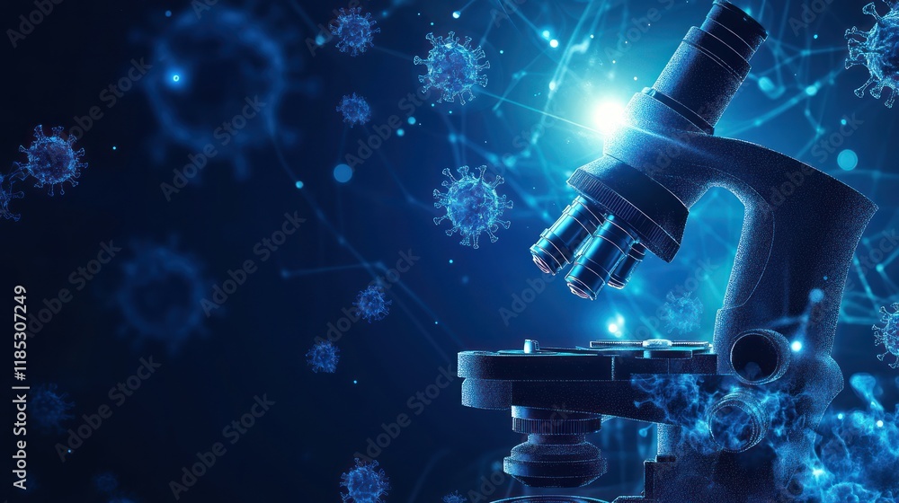 Poster microscope examining virus particles.