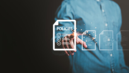 Businessman showing online document validation icon, Concepts of practices and policies, company...