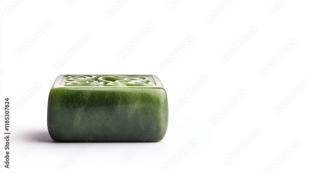 Poster intricately carved green stone rectangular block with elegant patterns against a bright background f