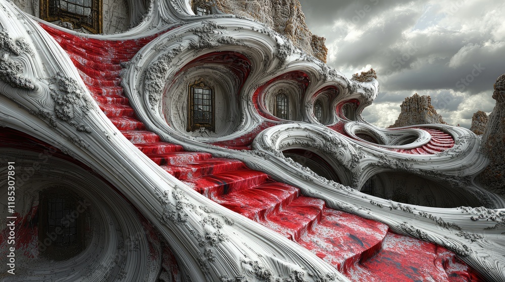 Poster surreal architecture: a dreamlike 3d render of intricate stone building with red carpet stairs. a ma