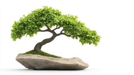 Elegant Bonsai Tree with Lush Green Leaves on a Rock Base, Representing Tranquility, Nature, and Love for Gardening in a Minimalist Style