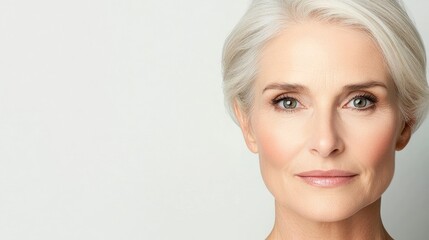Fototapeta premium Graceful Senior Woman with Elegant Short Gray Hair and Natural Makeup Posing Confidently Against a Soft White Background, Exuding Timeless Beauty and Wisdom