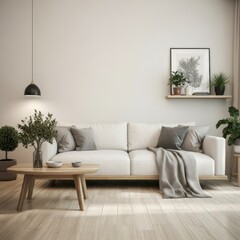 Scandinavian living room, minimalist white sofa, round wooden coffee table, large potted plants, beige armchair, framed botanical prints, natural light, hardwood floors, neutral color palette, cozy in