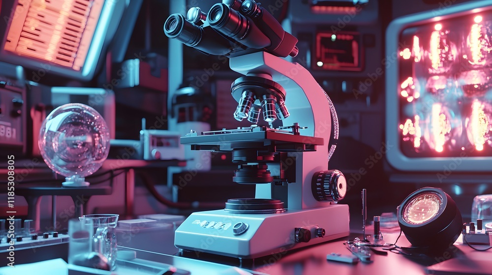 Poster advanced microscope in futuristic laboratory setting