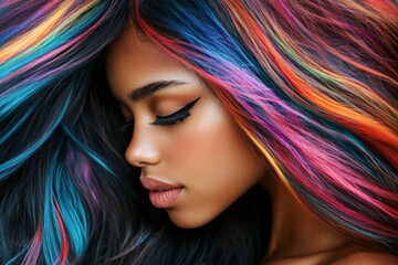 Fototapeta premium Pretty calm mixed-race girl - for ads, billboard and internet use. Commercial marketing visual idea. Long haircut - multicolored hair. African elegance fashion models. Vibrant hair glamour.