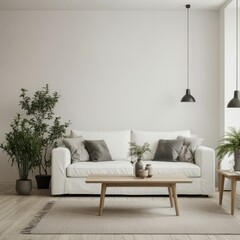 Scandinavian living room, minimalist white sofa, round wooden coffee table, large potted plants, beige armchair, framed botanical prints, natural light, hardwood floors, neutral color palette, cozy in
