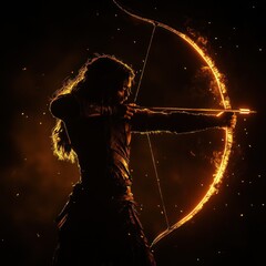 Archer Silhouette in Motion with Divine Glow against Black Background